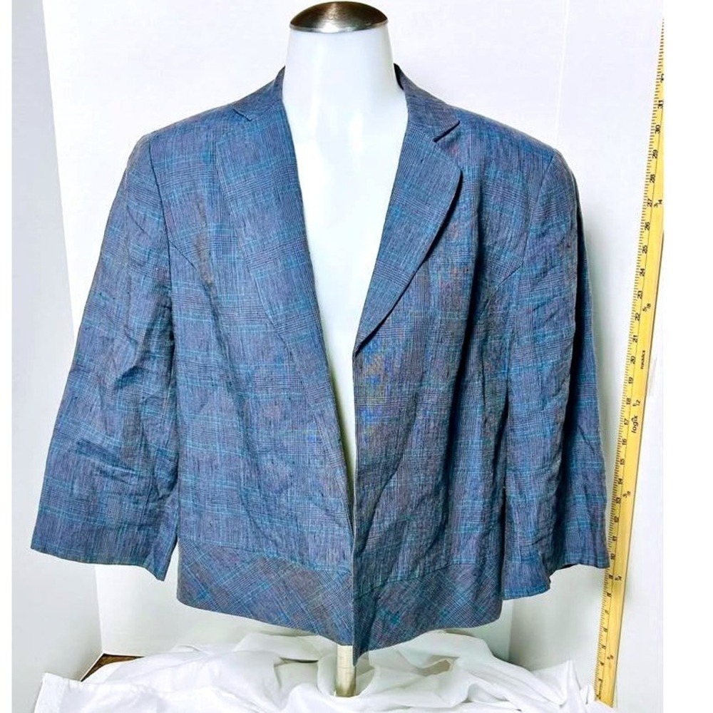 Yansi Fugel ~ Women Blue Plaid Linen Blend Blazer Jacket‎ ~ Size Large